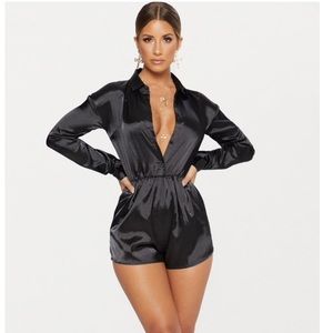 Black Satin Shirt Romper